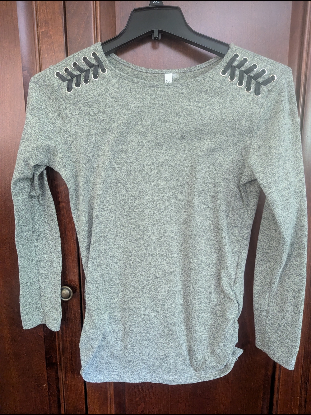 NY Collection Gray Lace-Up Shoulder Long Sleeve Tee - Picture 1 of 5
